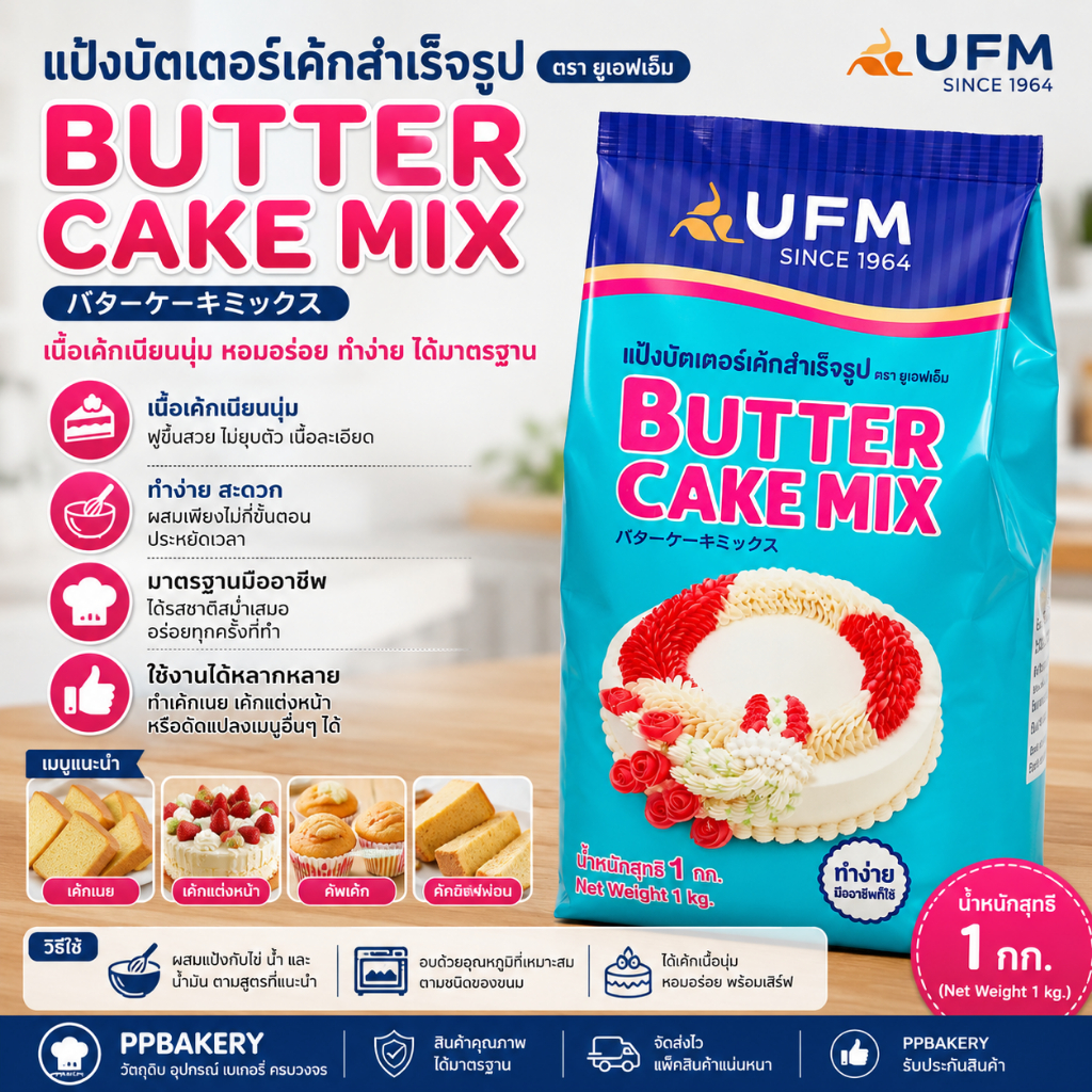 แป้งบัตเตอร์เค้ก ยูเอฟเอ็ม UFM Butter Cake Mix แป้งทำเค้กสำเร็จรูป แป้งเค้กเนย ทำง่าย เนื้อนุ่ม ขนาด 1 กิโลกรัม