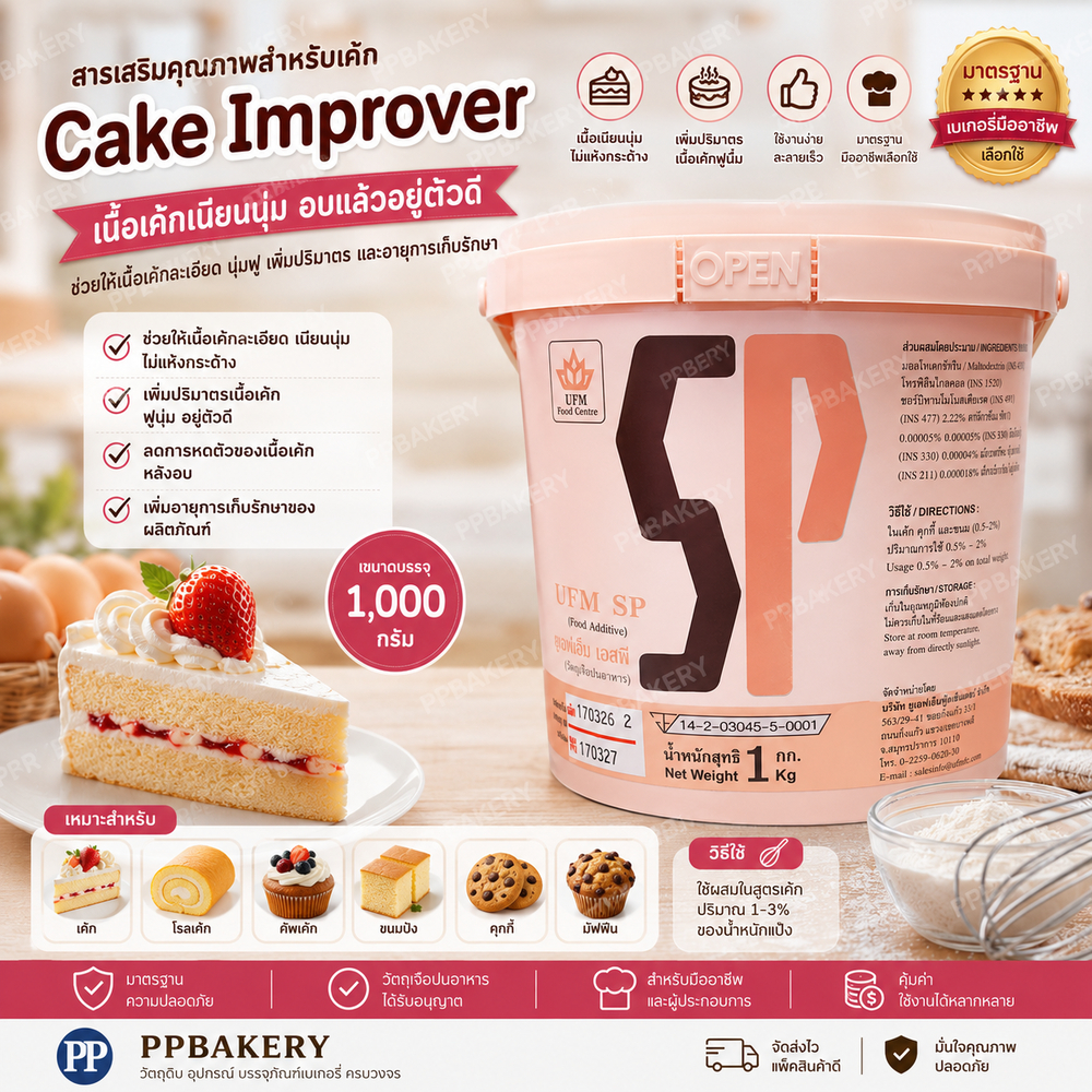 ยูเอฟเอ็ม เอสพี (UFM SP) สารเสริมคุณภาพเค้ก อิมัลซิไฟเออร์ สารเสริมสปันจ์เค้ก ทำขนม ขนาด 1 กิโลกรัม