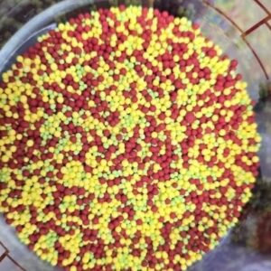 เม็ดน้ำตาลทรงกลมจิ้ว 1.8mm คละสี โทนแดงเหลืองเขียว ตามภาพ 100กรัม เม็ดน้ำตาลตกแต่งเค้ก